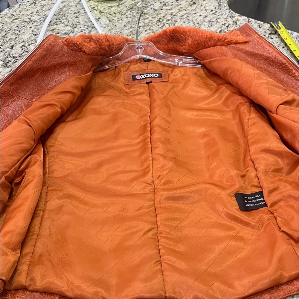 XOXO Women's Rust Faux Leather Jacket with Faux Fur Collar - Picture 8 of 11